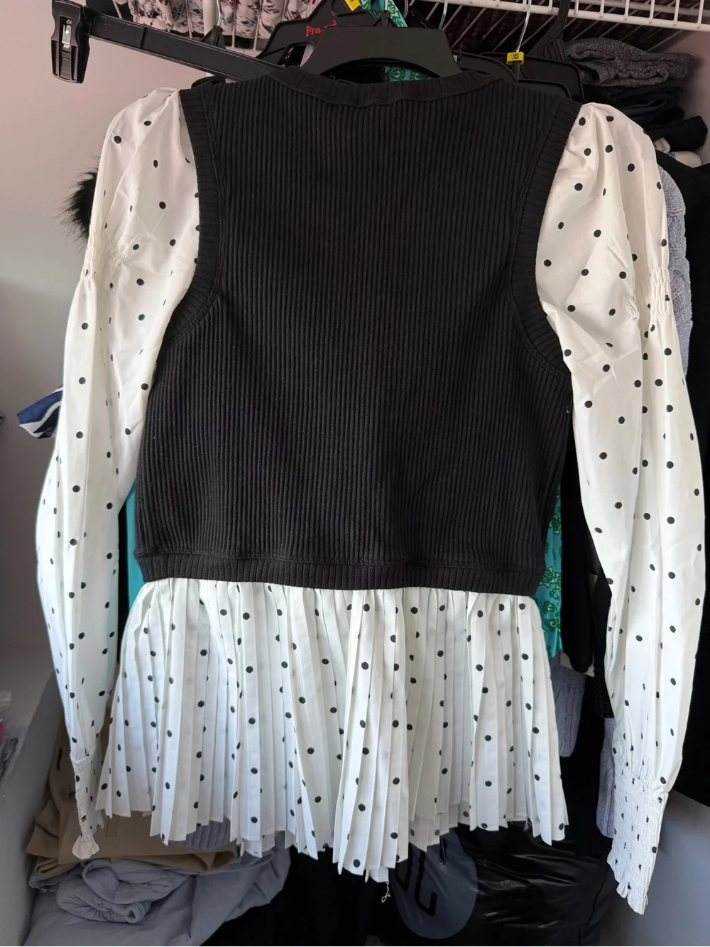 Anthropologie White Polka Dot Blouse Long sleeve with built in black vest XS